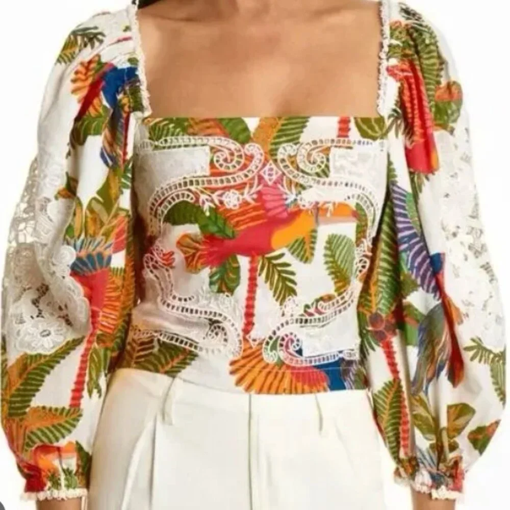 NWOT FARM Rio for Anthropologie Forest Birds Embroidered Top Blouse S $188